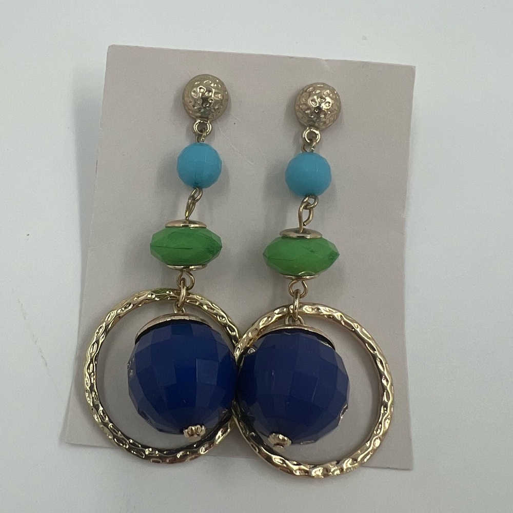 Chic Retro Blue & Green beads Gold Tone Dangle Earrings Fashion Jewelry